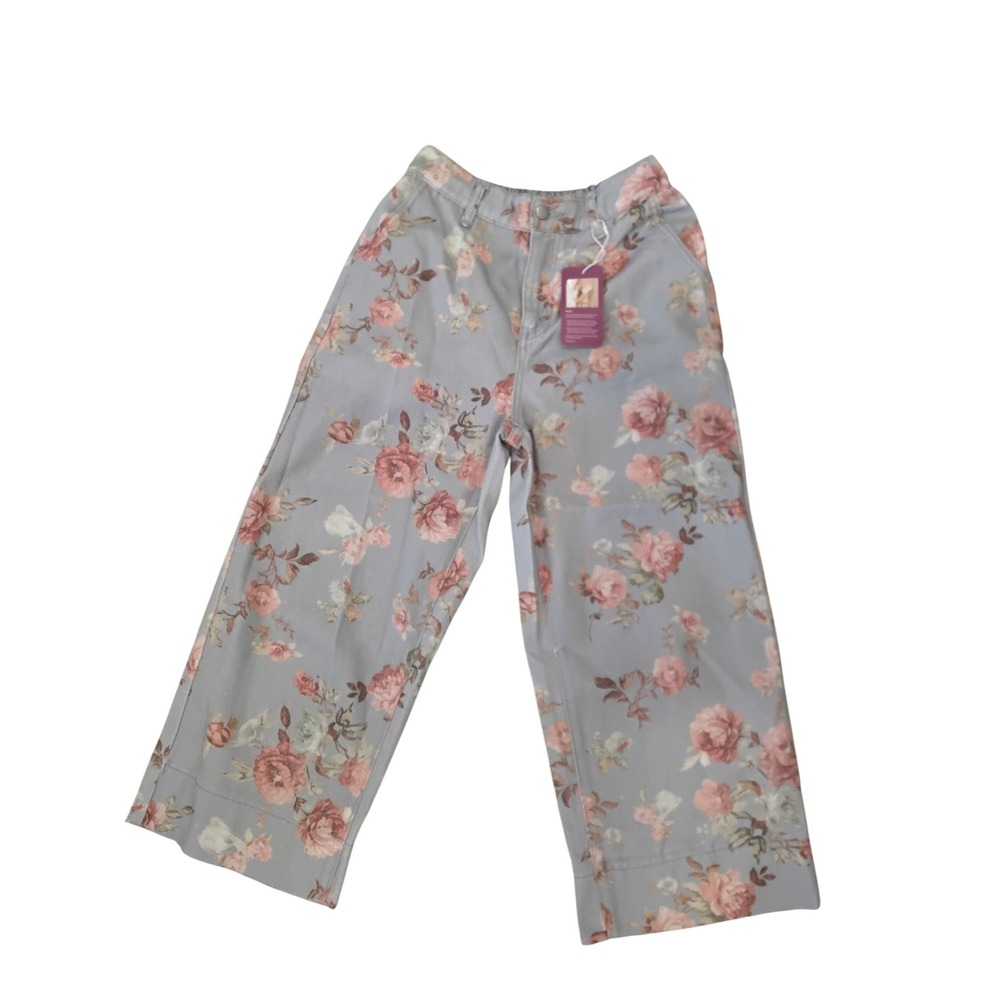 Loveimgs Blue Floral Wide Leg Corduroy Pants Pink Rose Print Small NWT